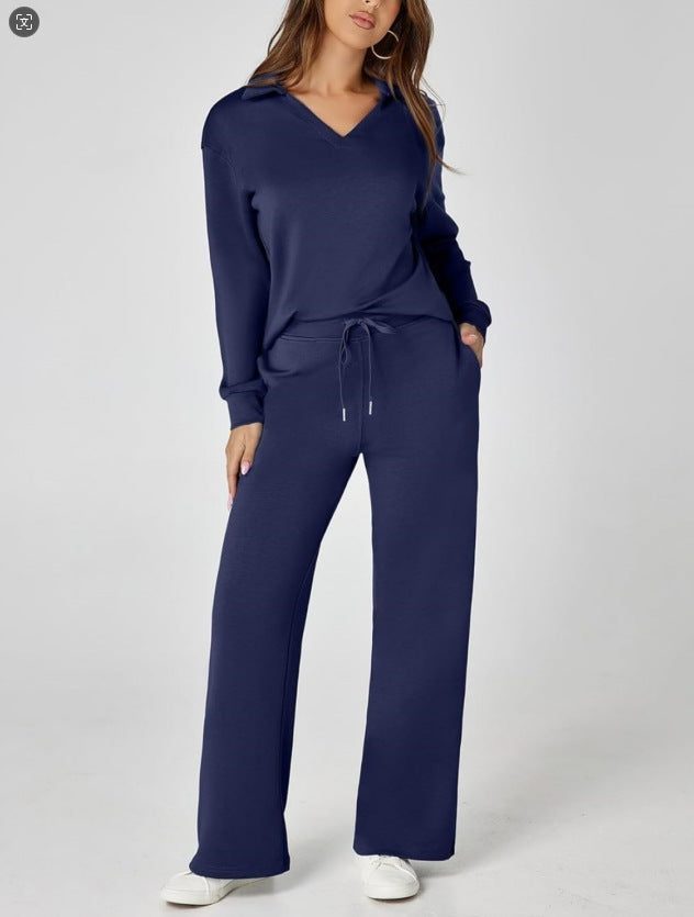 Wide Leg Zip-Neck Jogging Set for Women - Navy Blue
