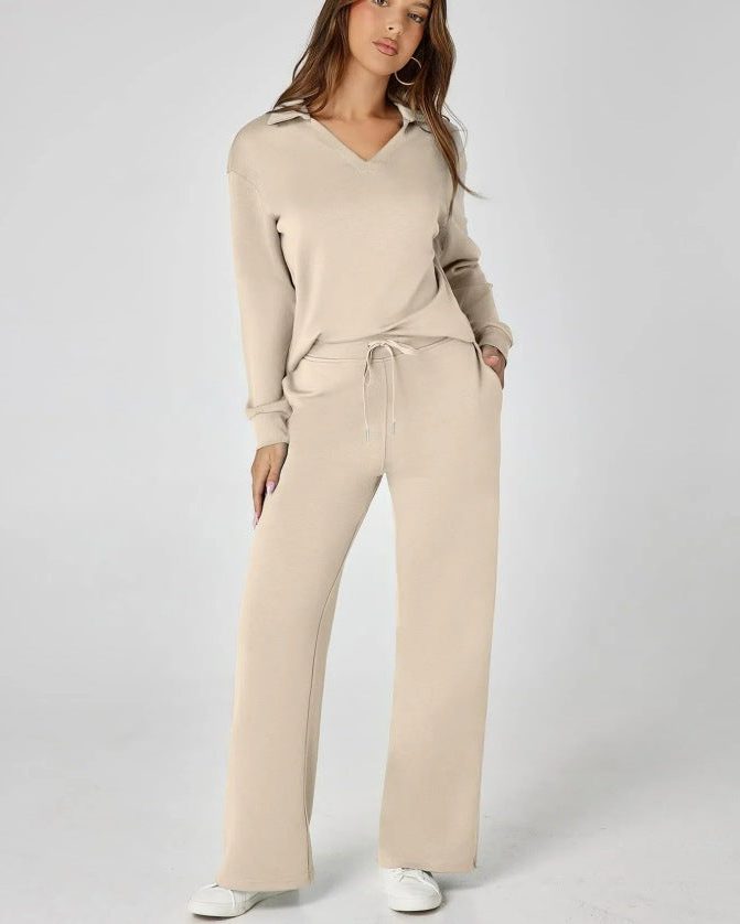 Wide Leg Zip-Neck Jogging Set for Women - Khaki