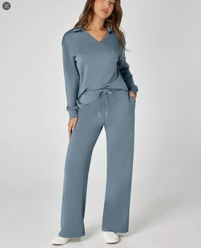 Wide Leg Zip-Neck Jogging Set for Women - Blue Grey
