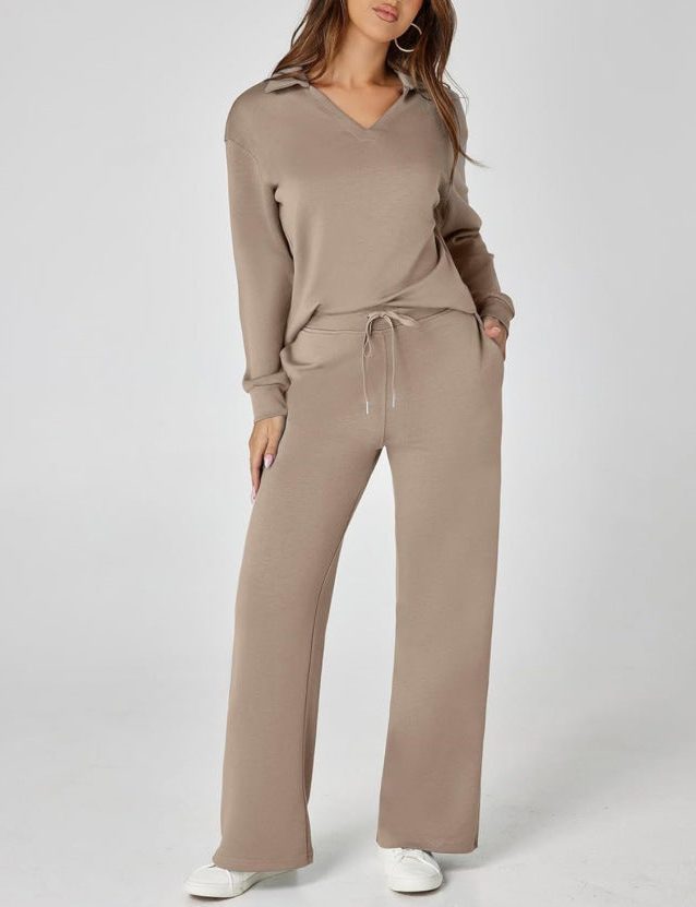 Wide Leg Zip-Neck Jogging Set for Women - Brown