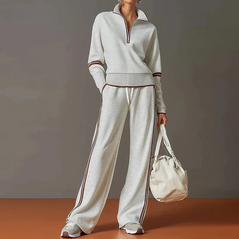 Wide Leg Zip-Up Stand Collar Knit Set for Women - 01 White