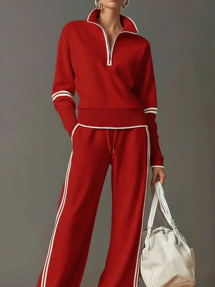 Wide Leg Zip-Up Stand Collar Knit Set for Women - View 5