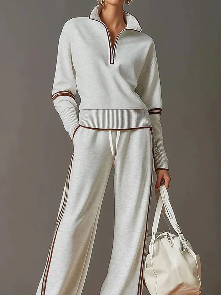 Wide Leg Zip-Up Stand Collar Knit Set for Women