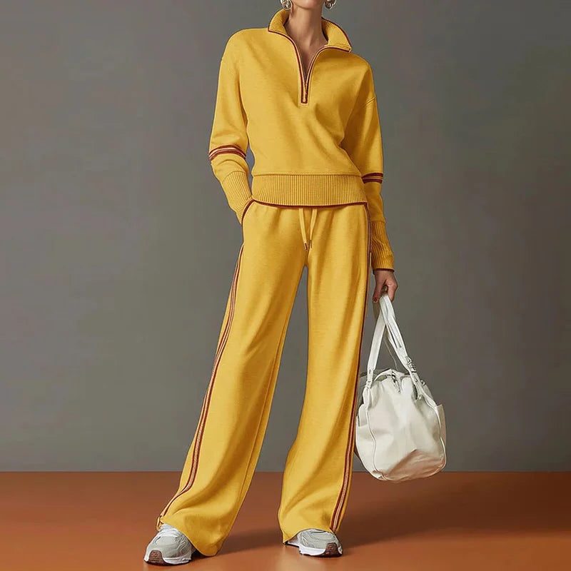 Wide Leg Zip-Up Stand Collar Knit Set for Women - 02 Yellow