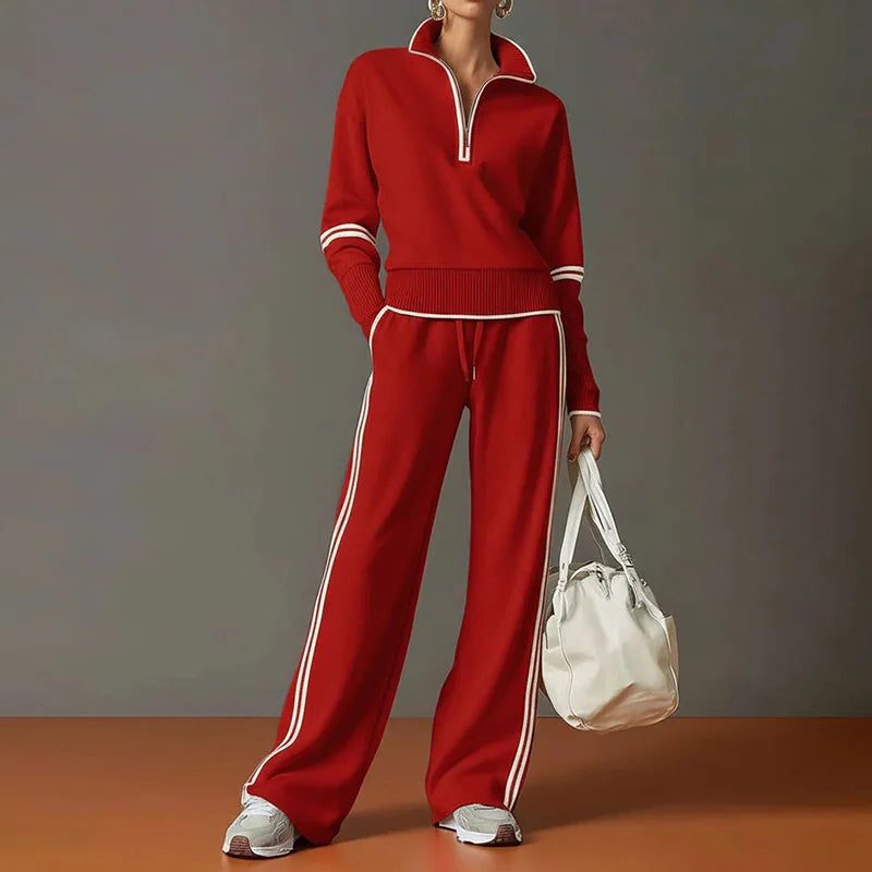 Wide Leg Zip-Up Stand Collar Knit Set for Women - 03 Red