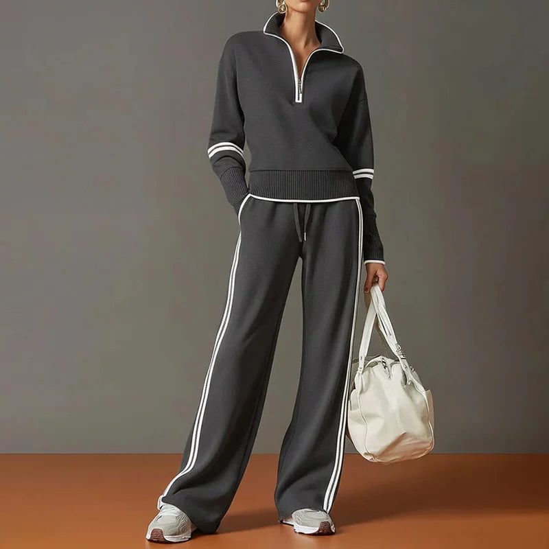 Wide Leg Zip-Up Stand Collar Knit Set for Women - 04 Gray