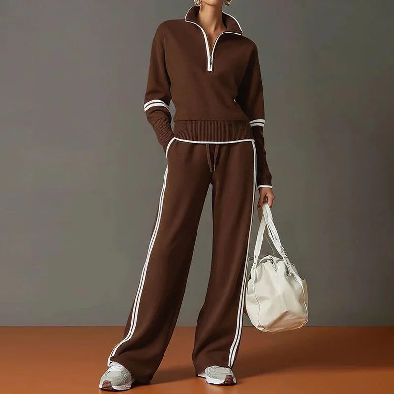 Wide Leg Zip-Up Stand Collar Knit Set for Women - 05 Brown