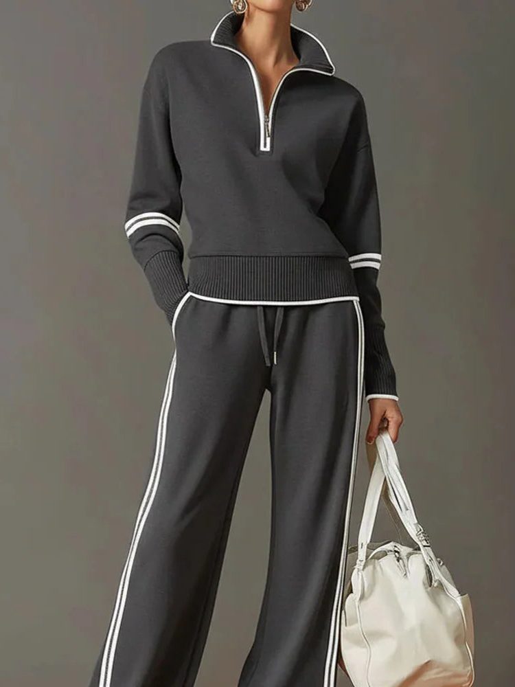 Wide Leg Zip-Up Stand Collar Knit Set for Women - View 2