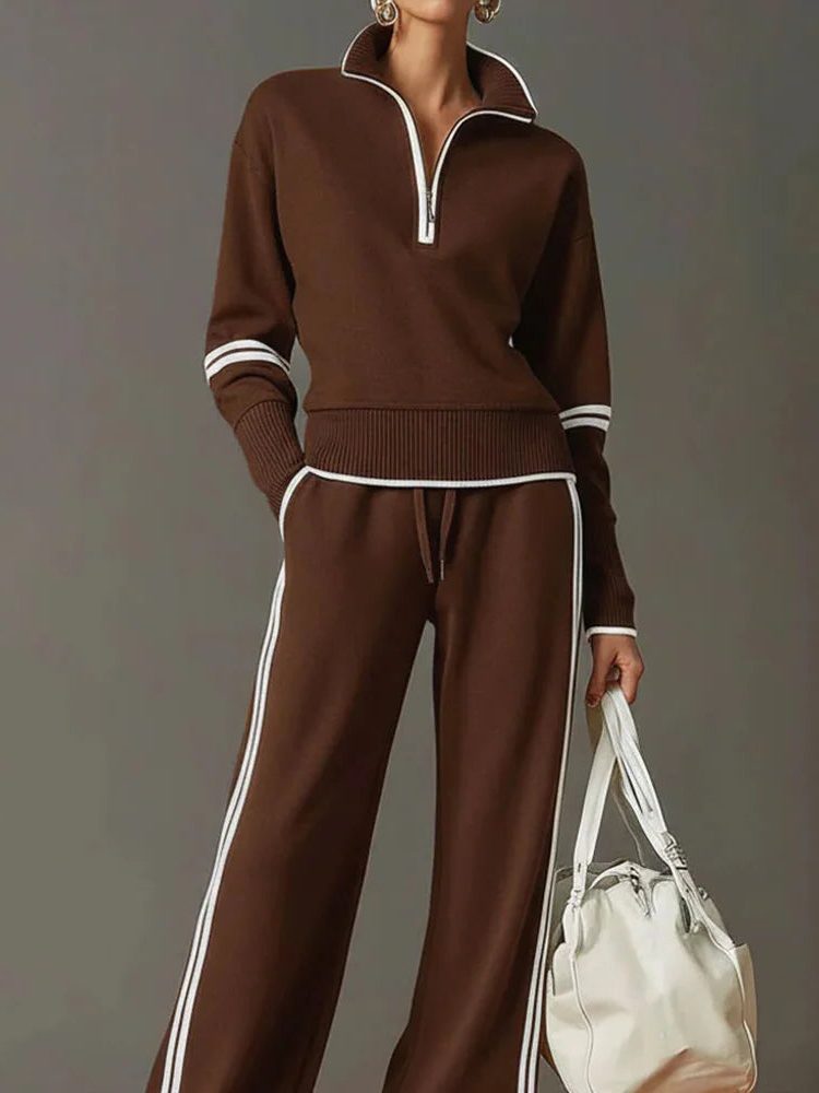 Wide Leg Zip-Up Stand Collar Knit Set for Women - View 3