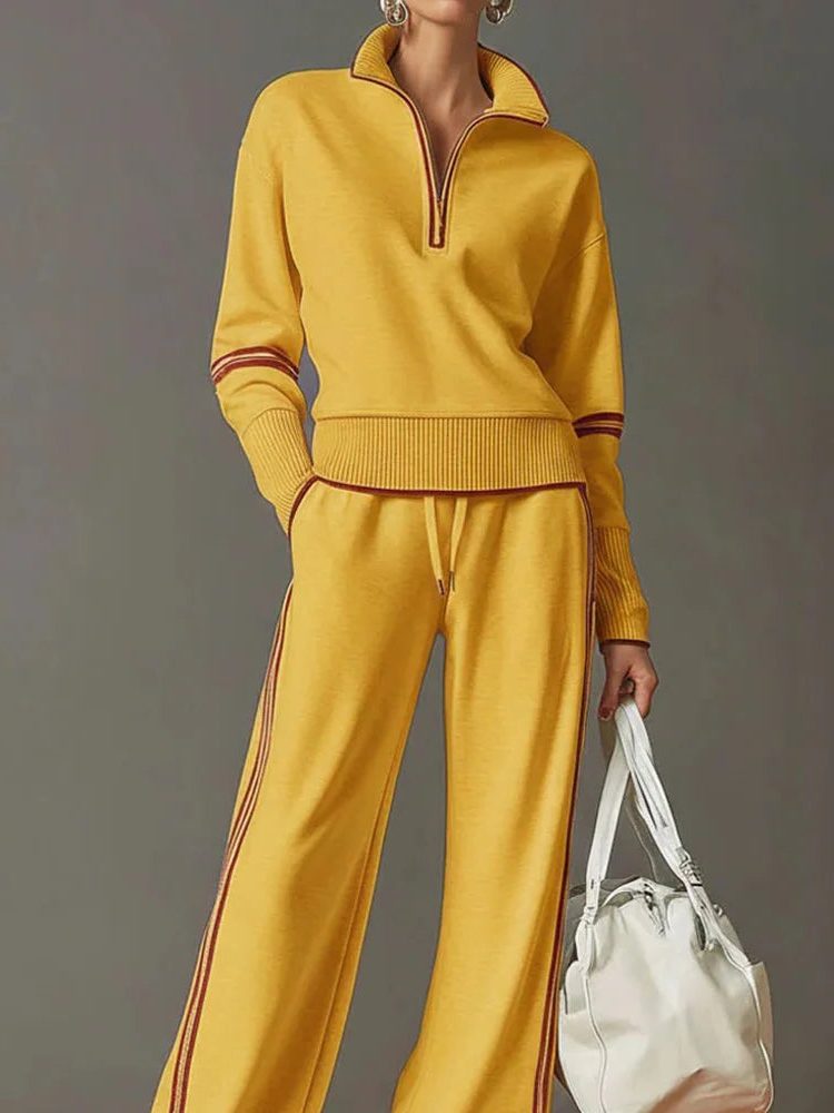 Wide Leg Zip-Up Stand Collar Knit Set for Women - View 4