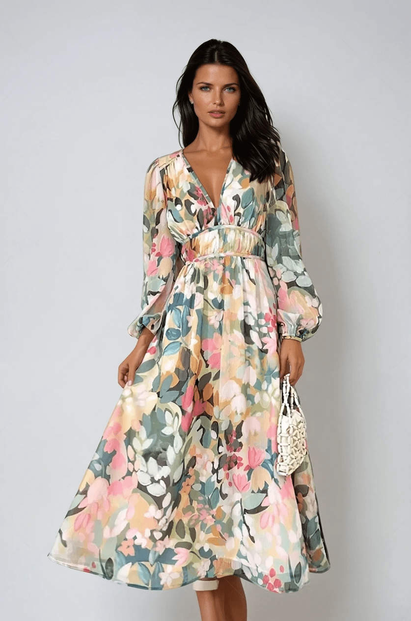 V-Neck Long Sleeve Floral Midi Dress Wedding Guest for Women