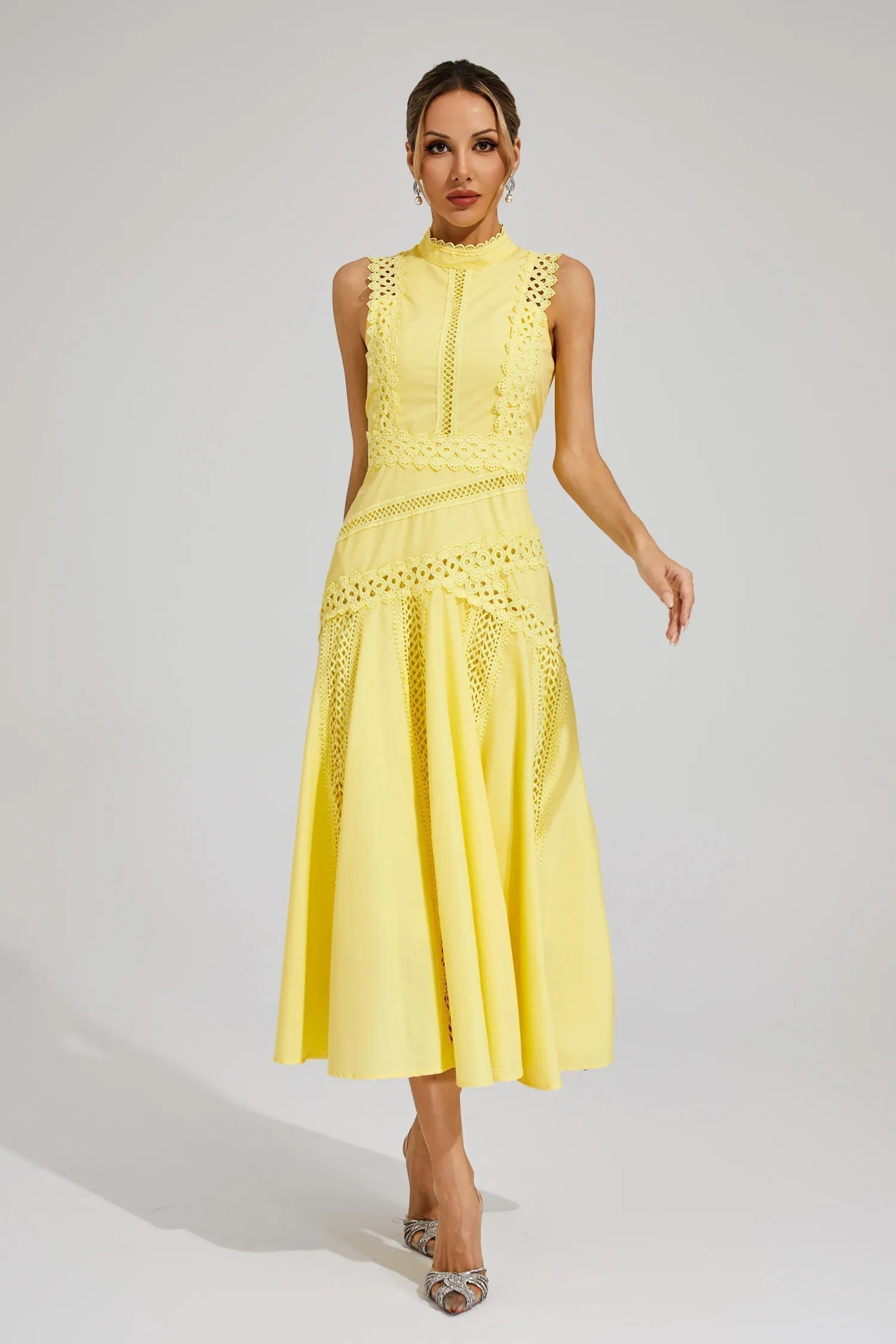Sleeveless A-Line Lace Midi Wedding Guest Dress for Women