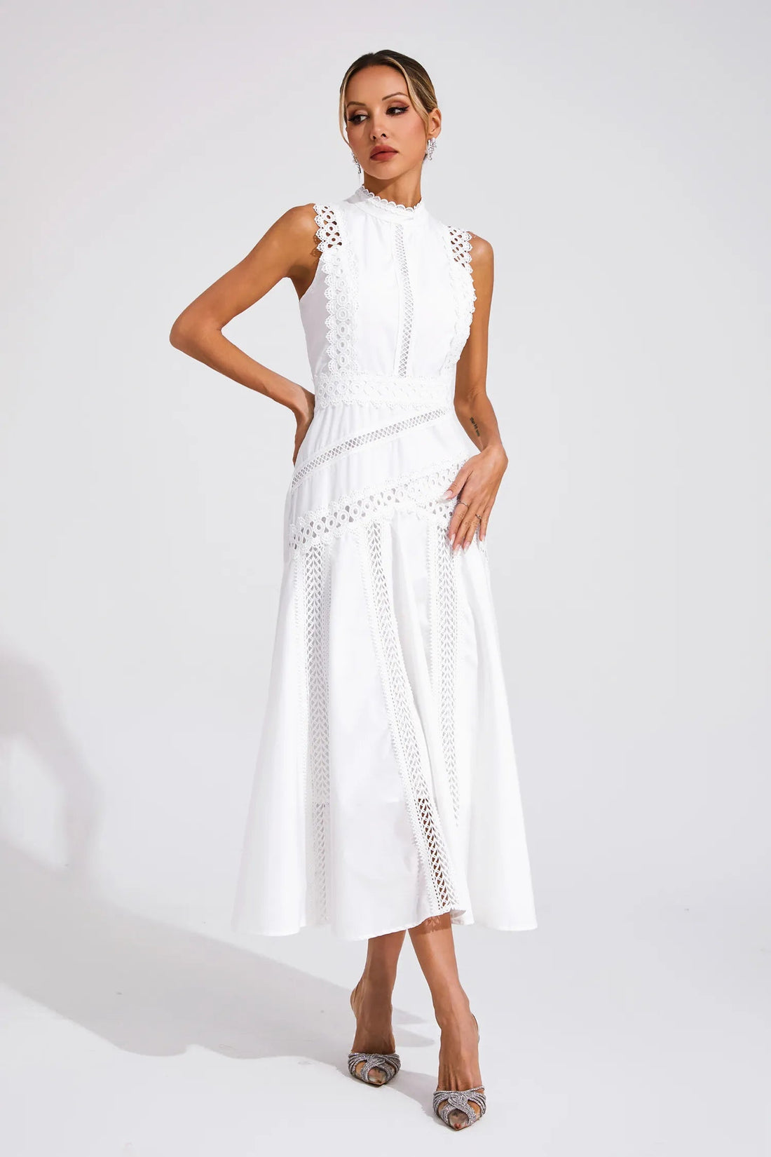 Sleeveless A-Line Lace Midi Wedding Guest Dress for Women