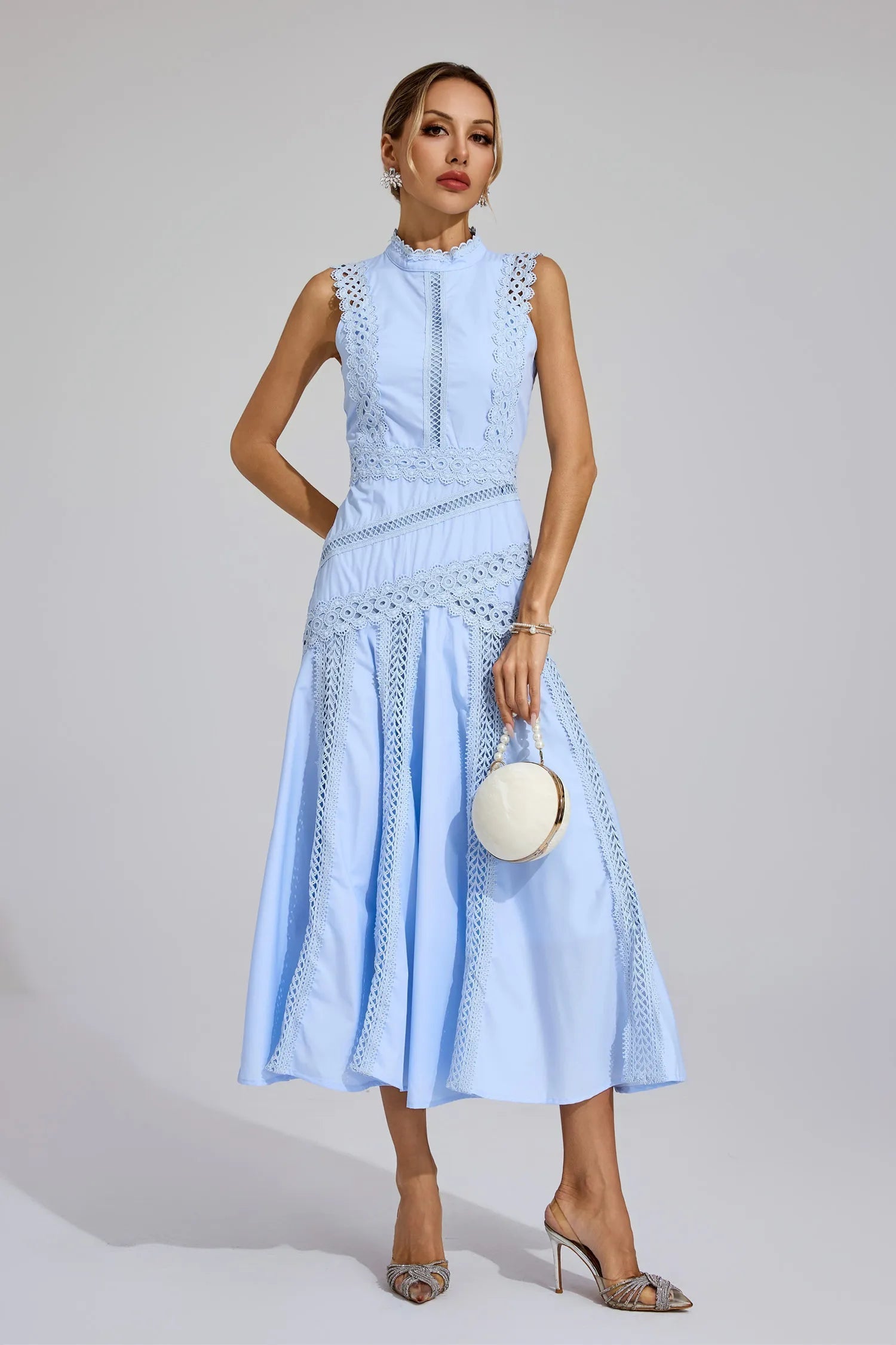 Sleeveless A-Line Lace Midi Wedding Guest Dress for Women