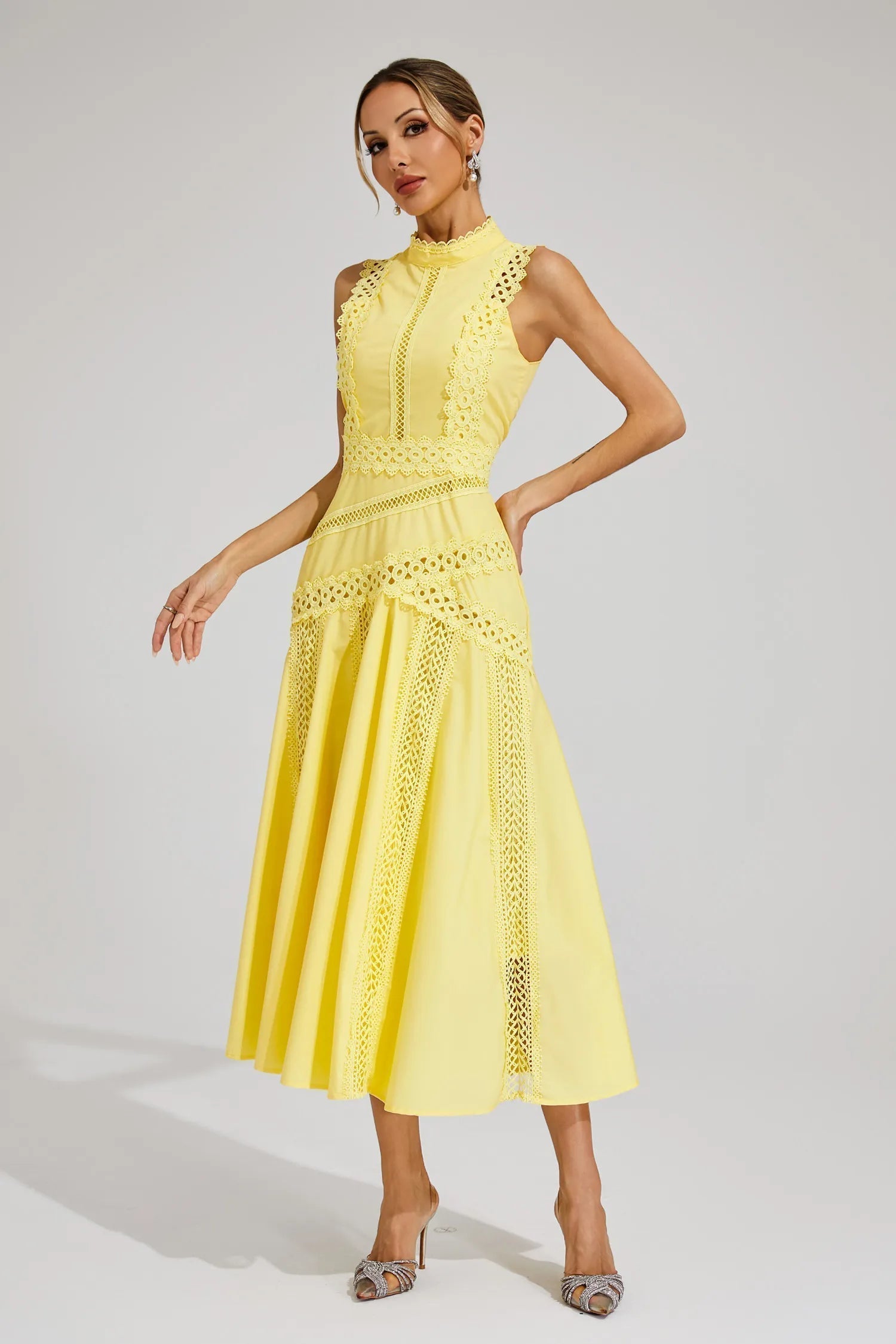 Sleeveless A-Line Lace Midi Wedding Guest Dress for Women