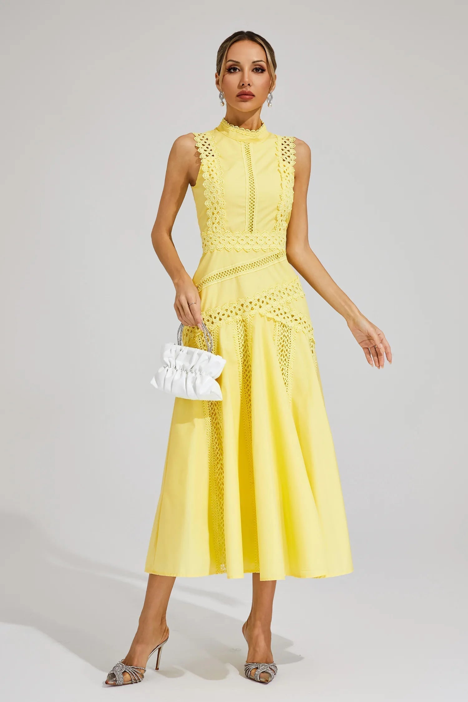 Sleeveless A-Line Lace Midi Wedding Guest Dress for Women