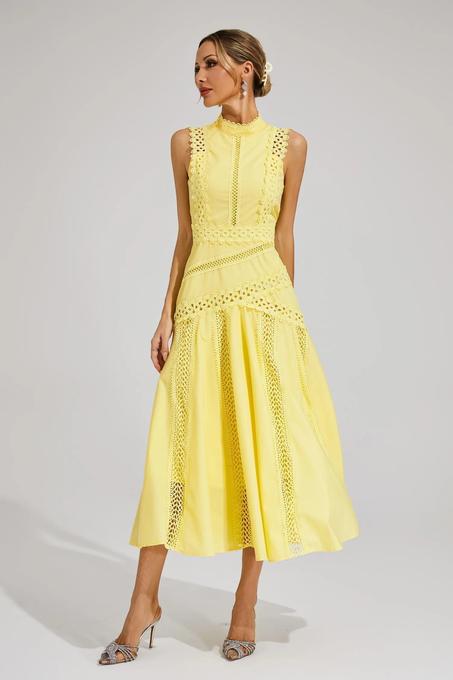 Sleeveless A-Line Lace Midi Wedding Guest Dress for Women