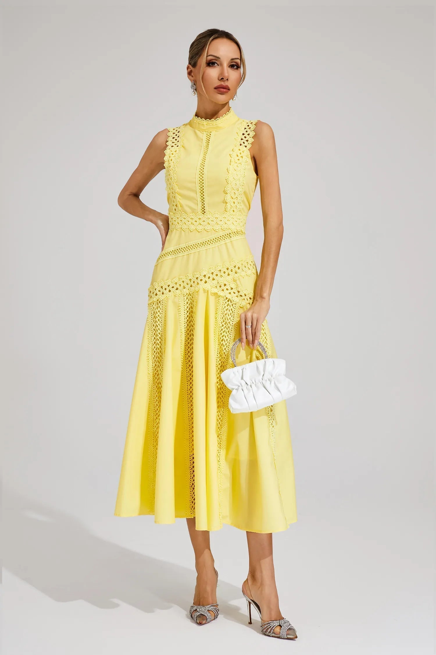 Sleeveless A-Line Lace Midi Wedding Guest Dress for Women