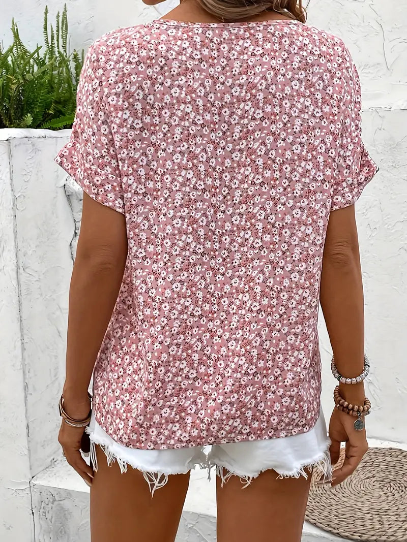 Short Sleeve Floral Button-Down Blouse for Women