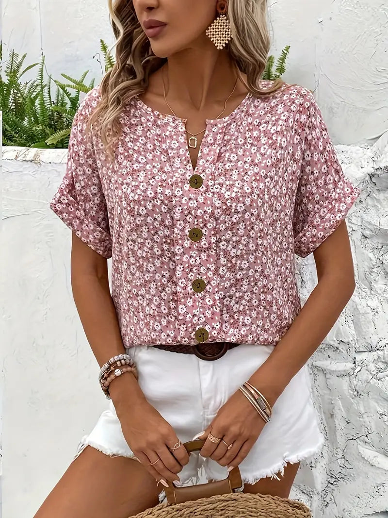 Short Sleeve Floral Button-Down Blouse for Women