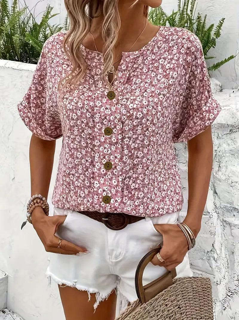 Short Sleeve Floral Button-Down Blouse for Women