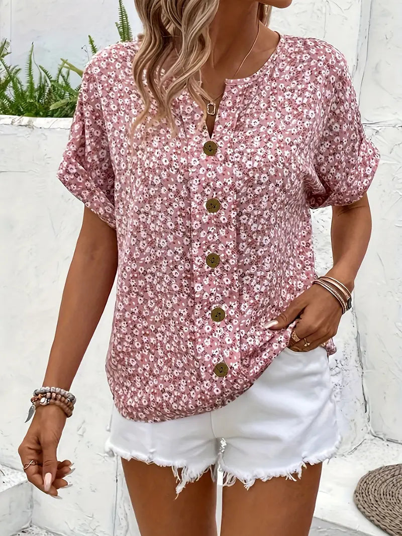 Short Sleeve Floral Button-Down Blouse for Women