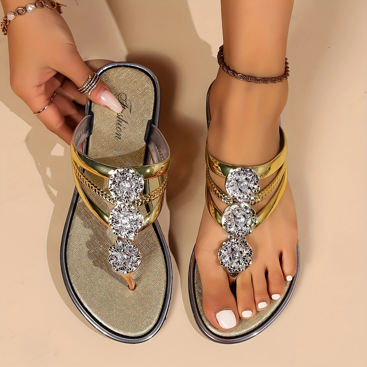 Open Toe Embellished Thong Sandals for Women
