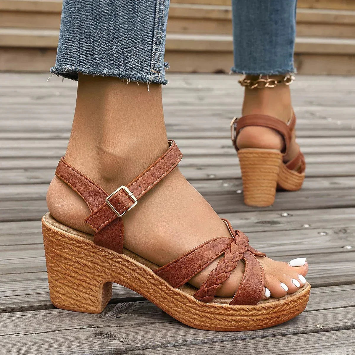 Platform Block Heel Braided Sandals for Women