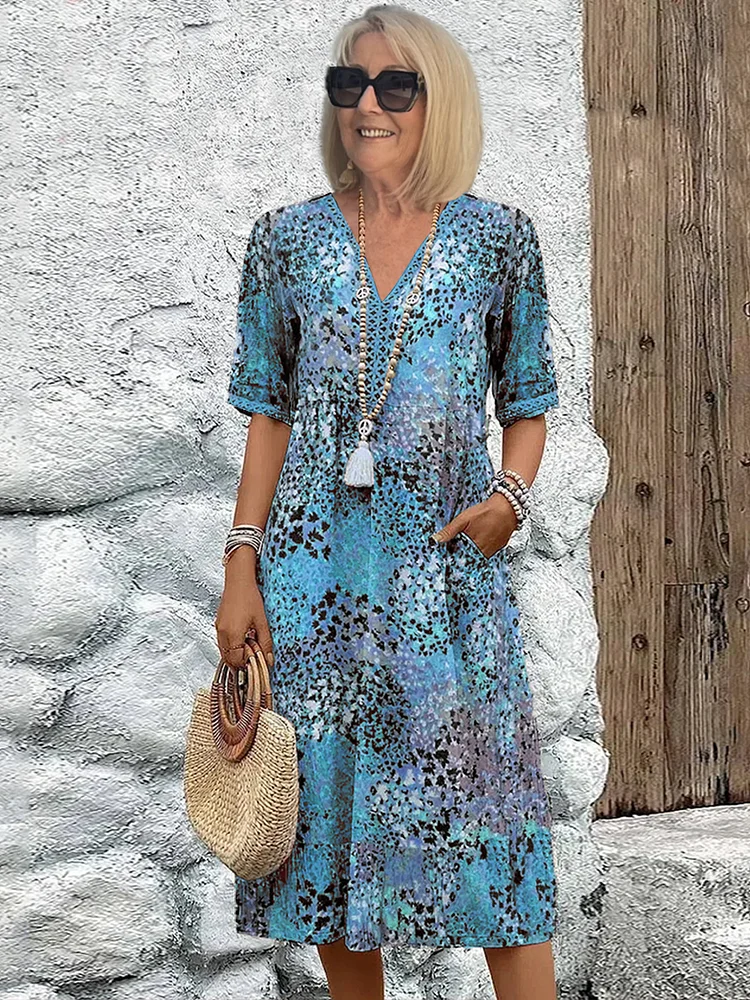 Printed V-Neck A-Line Midi Dress with Short Sleeves for Women