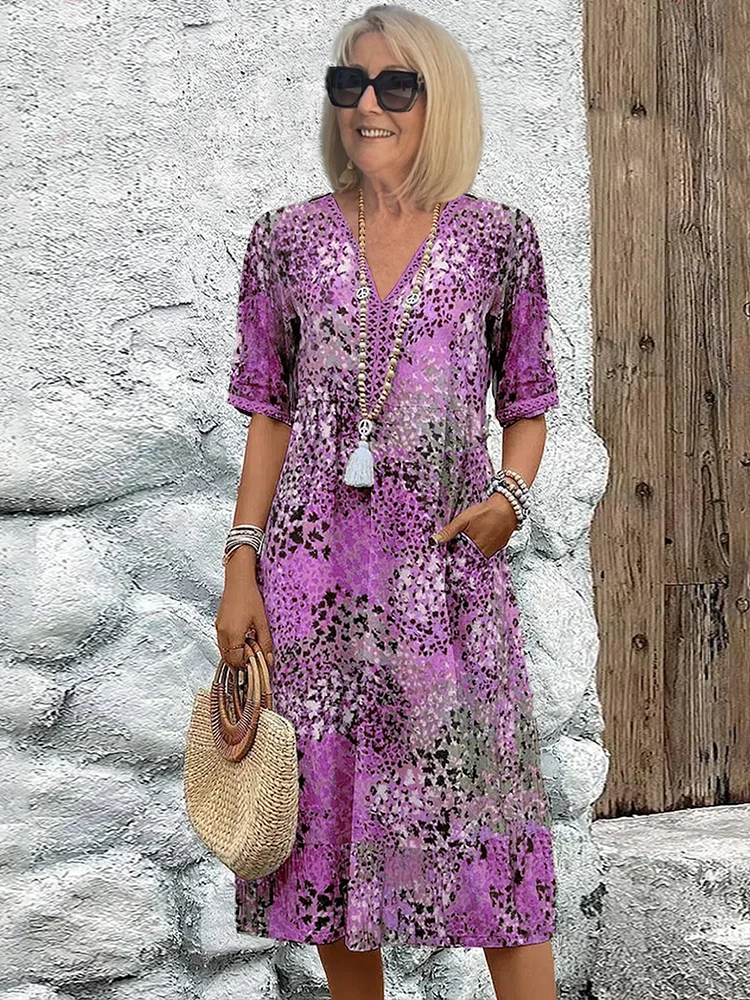 Printed V-Neck A-Line Midi Dress with Short Sleeves for Women