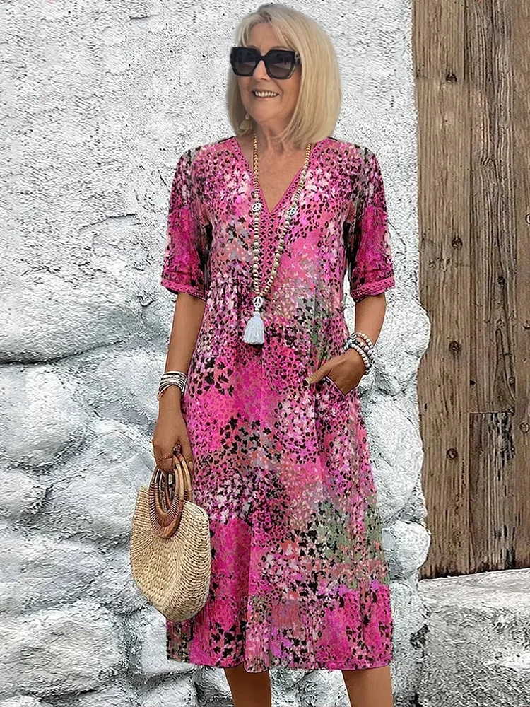 Printed V-Neck A-Line Midi Dress with Short Sleeves for Women