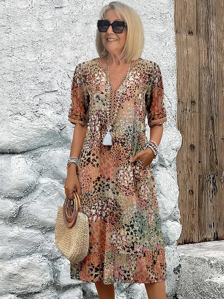 Printed V-Neck A-Line Midi Dress with Short Sleeves for Women