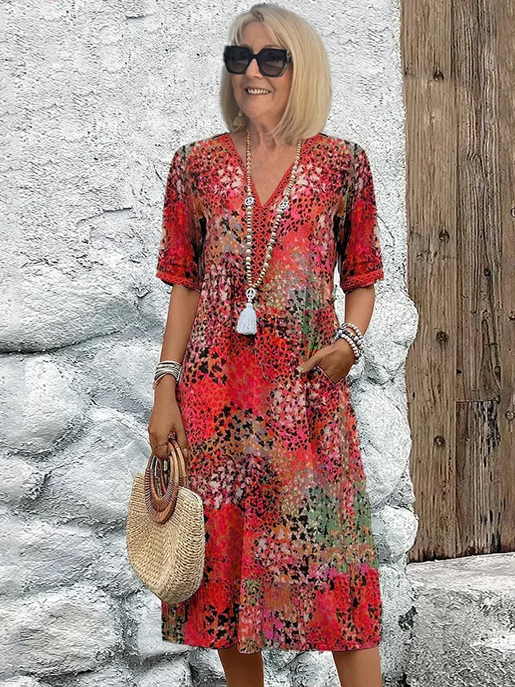 Printed V-Neck A-Line Midi Dress with Short Sleeves for Women