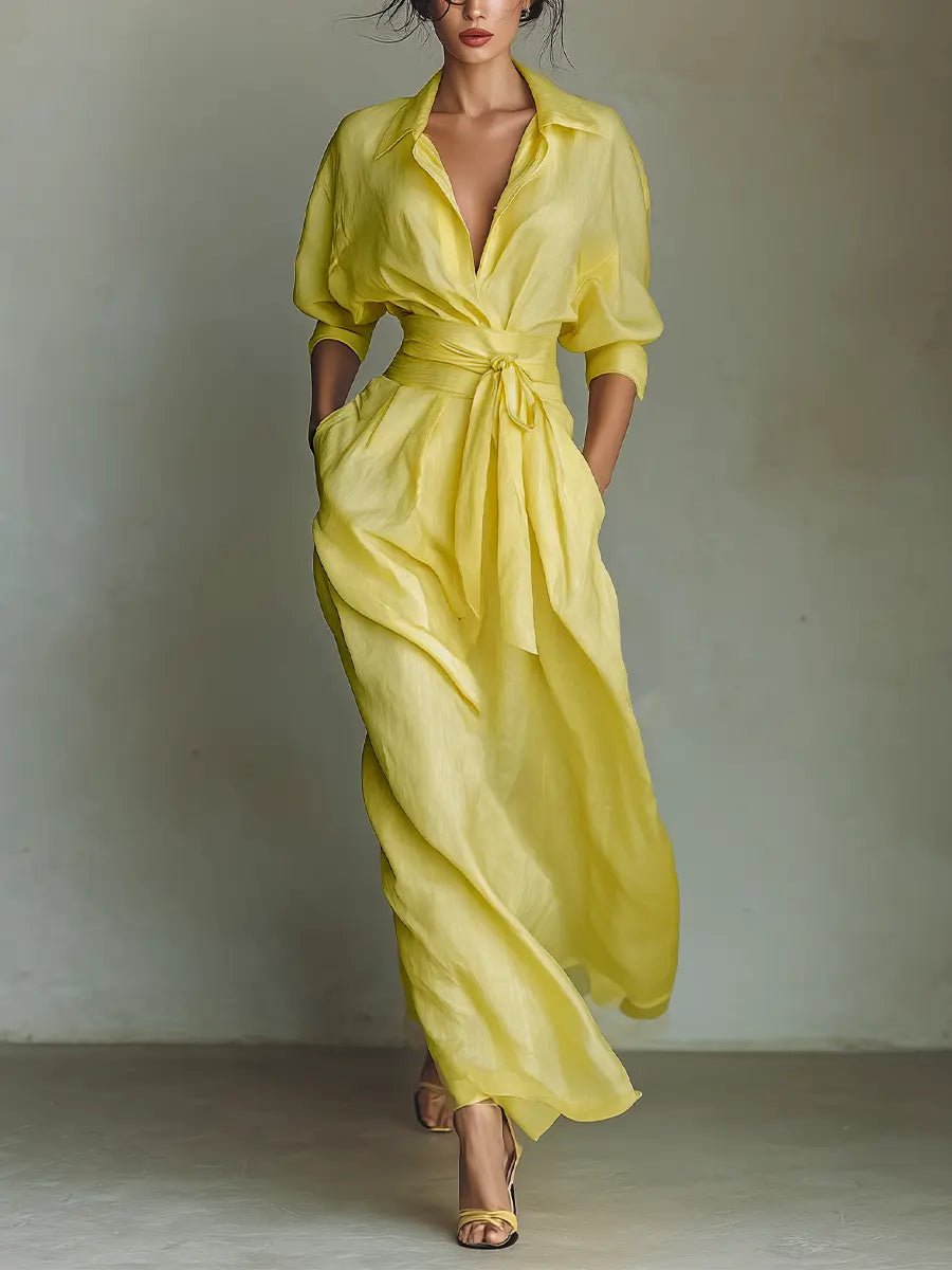 Cotton Linen Deep V-Neck Wrap Maxi Shirt Dress for Women