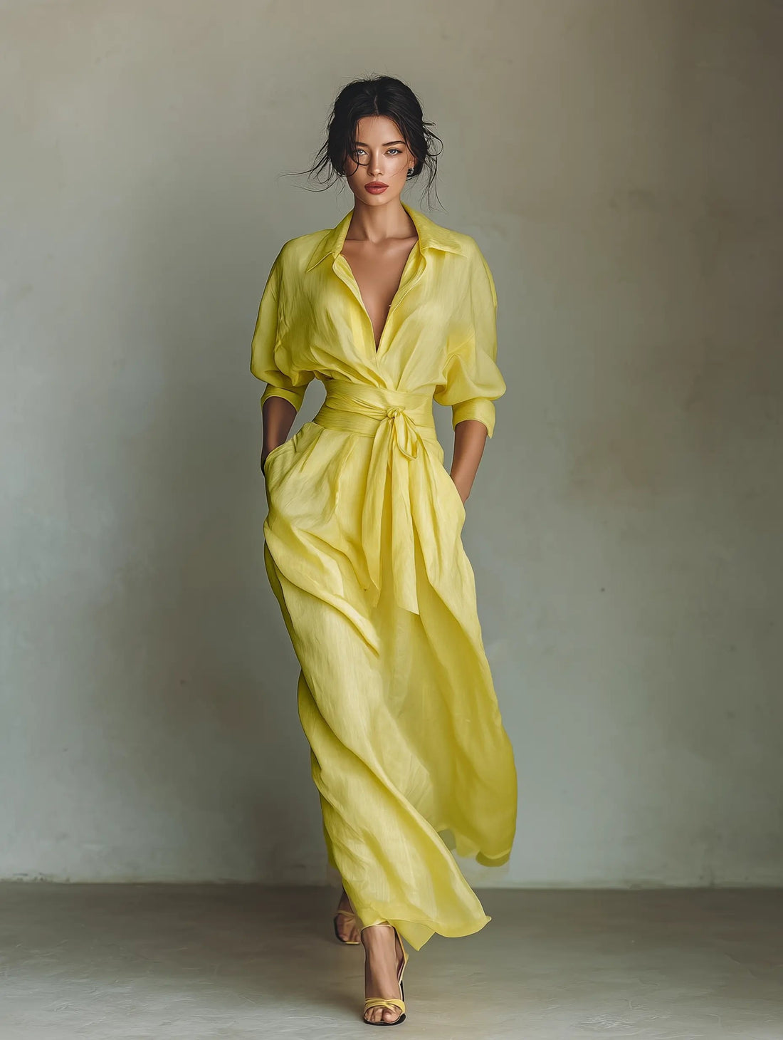 Cotton Linen Deep V-Neck Wrap Maxi Shirt Dress for Women