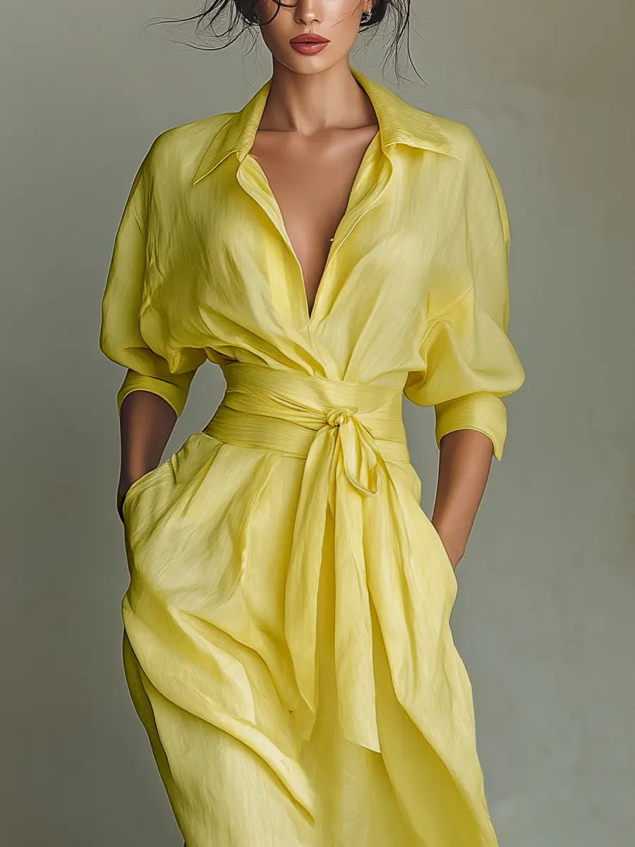 Cotton Linen Deep V-Neck Wrap Maxi Shirt Dress for Women