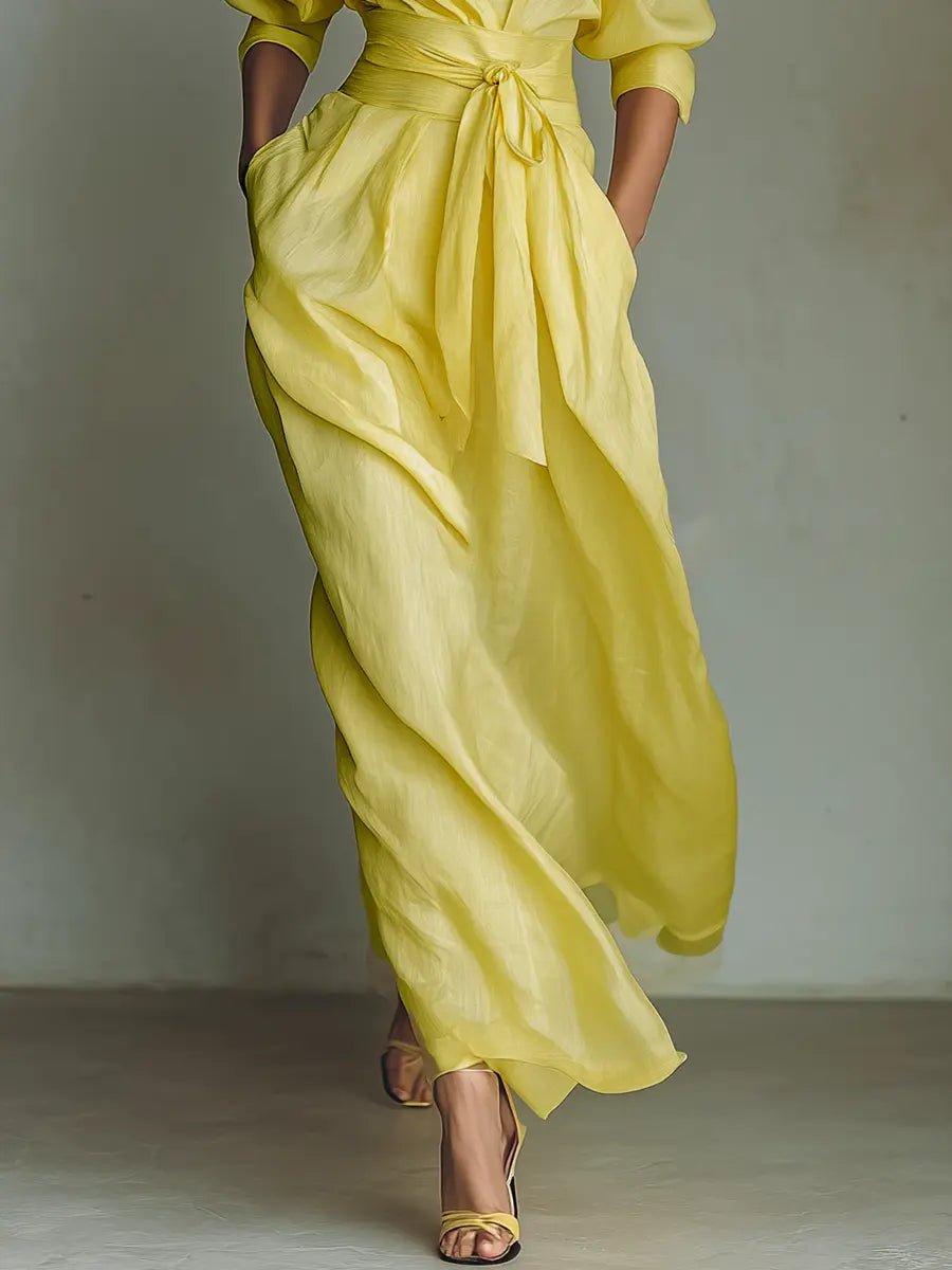 Cotton Linen Deep V-Neck Wrap Maxi Shirt Dress for Women