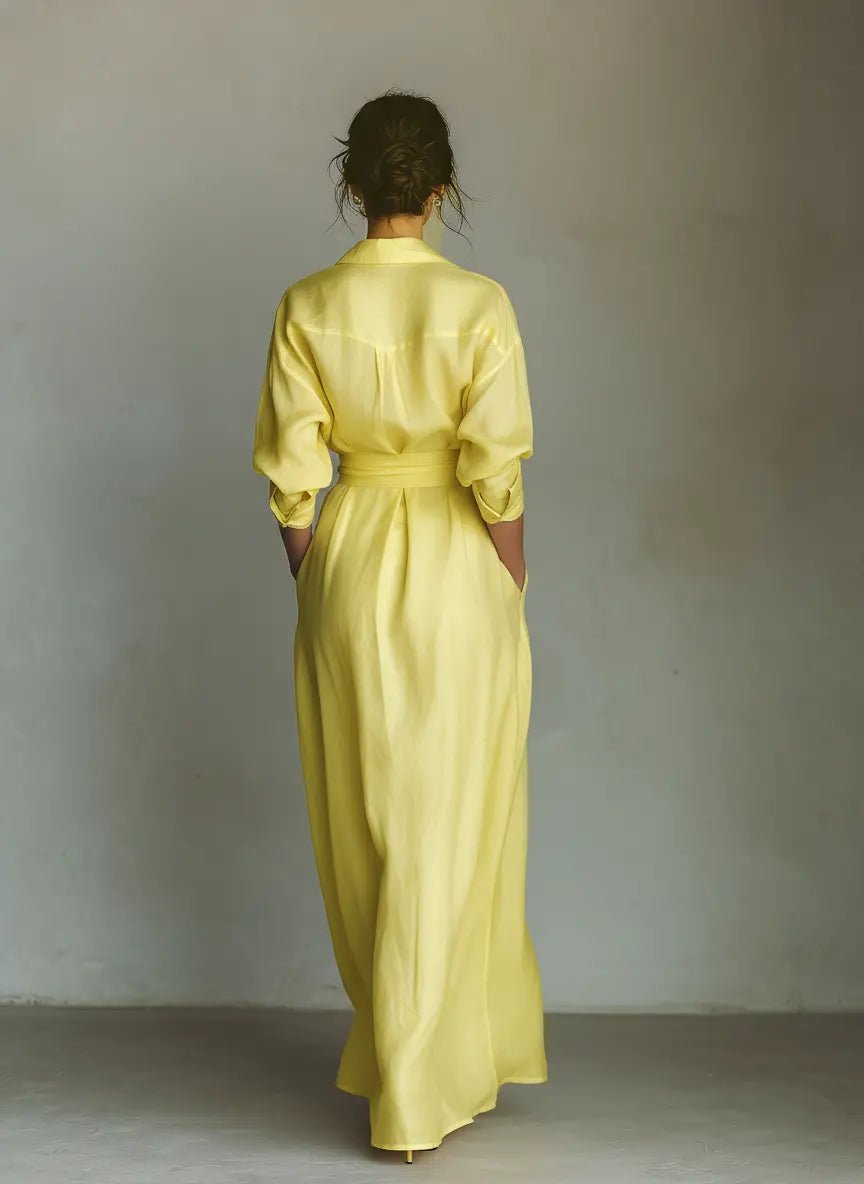 Cotton Linen Deep V-Neck Wrap Maxi Shirt Dress for Women