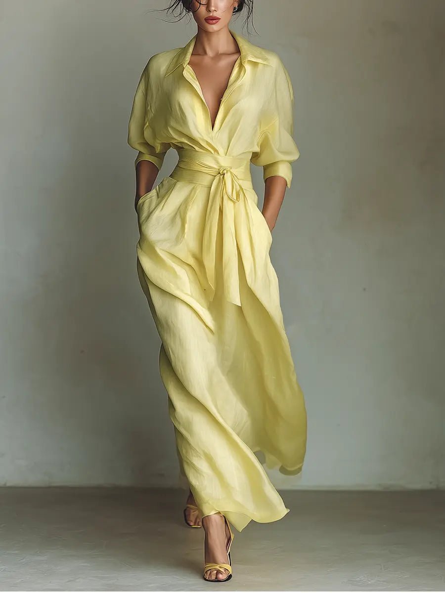 Cotton Linen Deep V-Neck Wrap Maxi Shirt Dress for Women