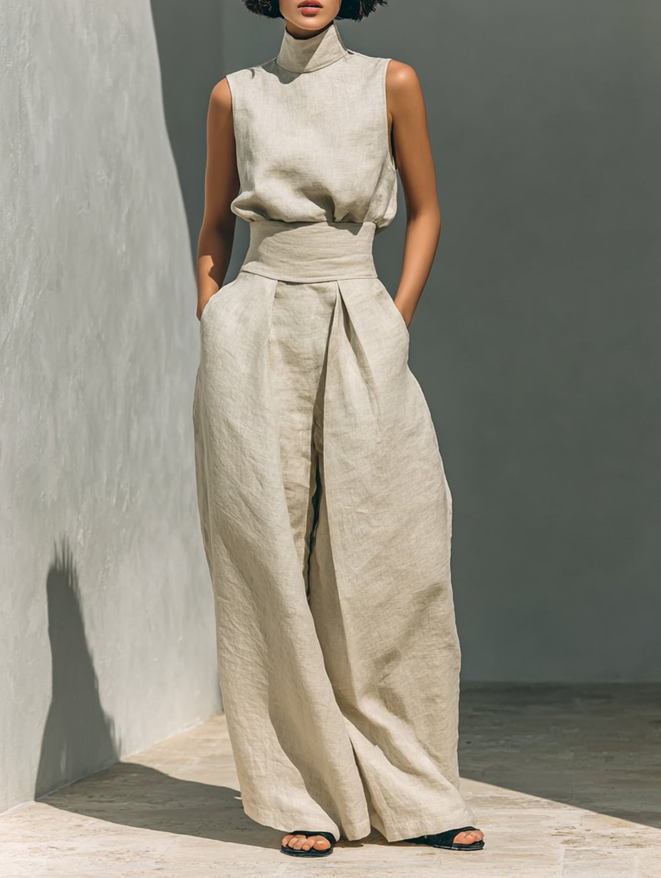 Wide Leg High-Neck Sleeveless Linen Set for Women