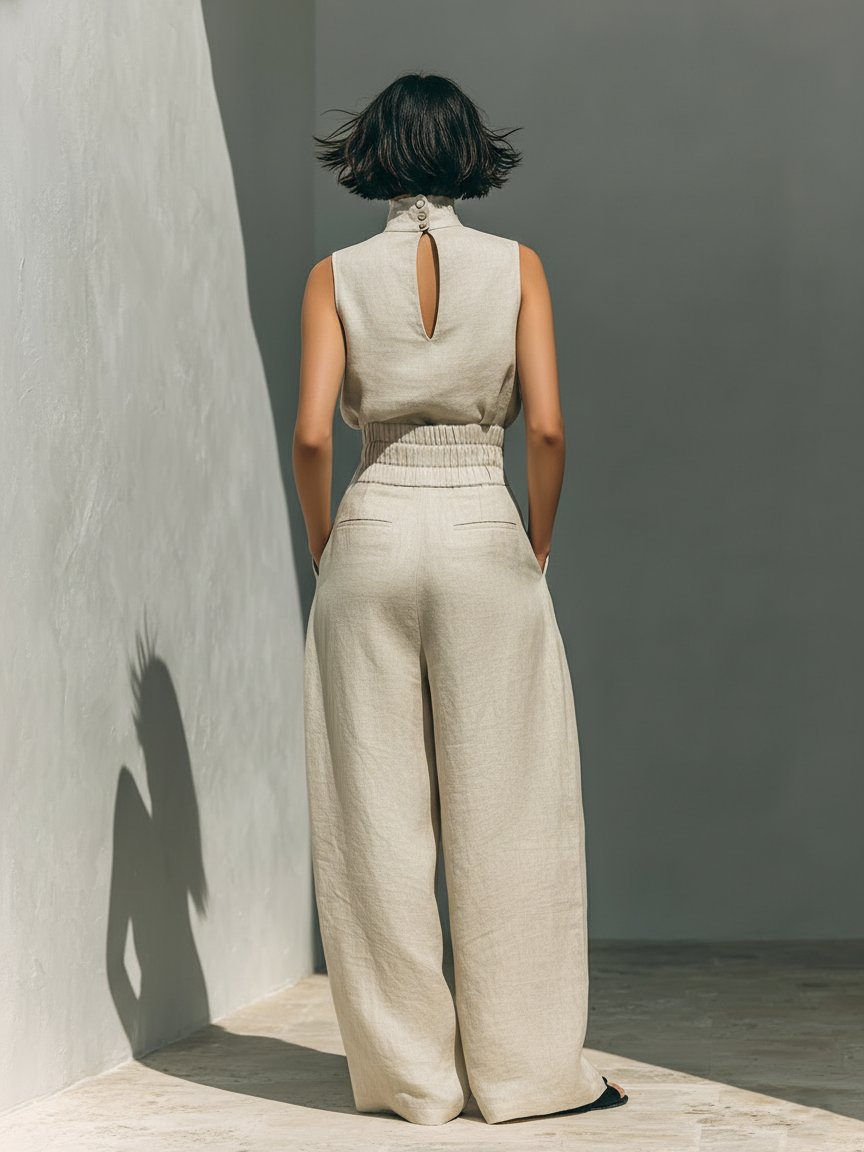Wide Leg High-Neck Sleeveless Linen Set for Women