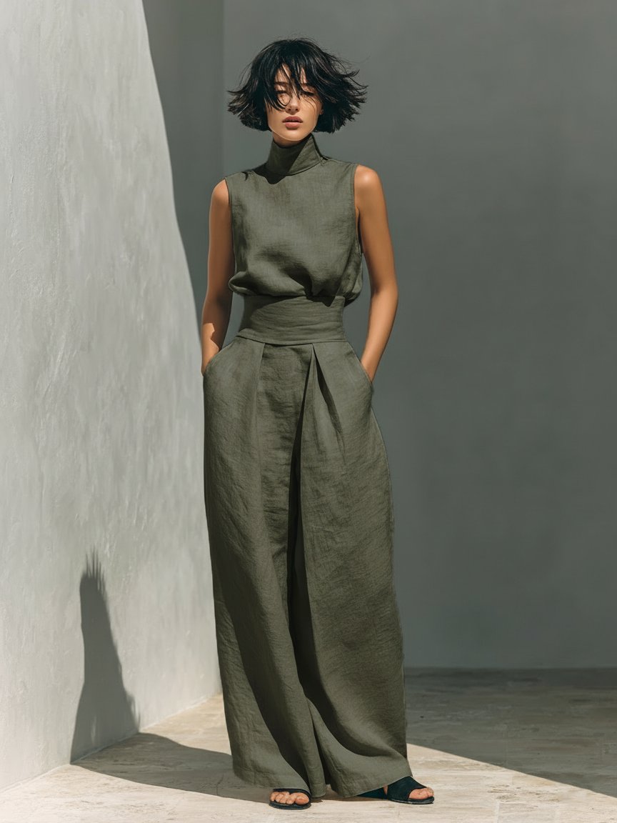Wide Leg High-Neck Sleeveless Linen Set for Women
