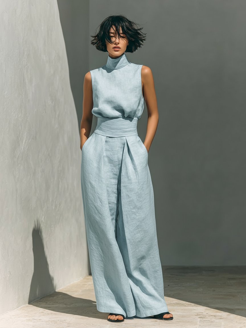 Wide Leg High-Neck Sleeveless Linen Set for Women