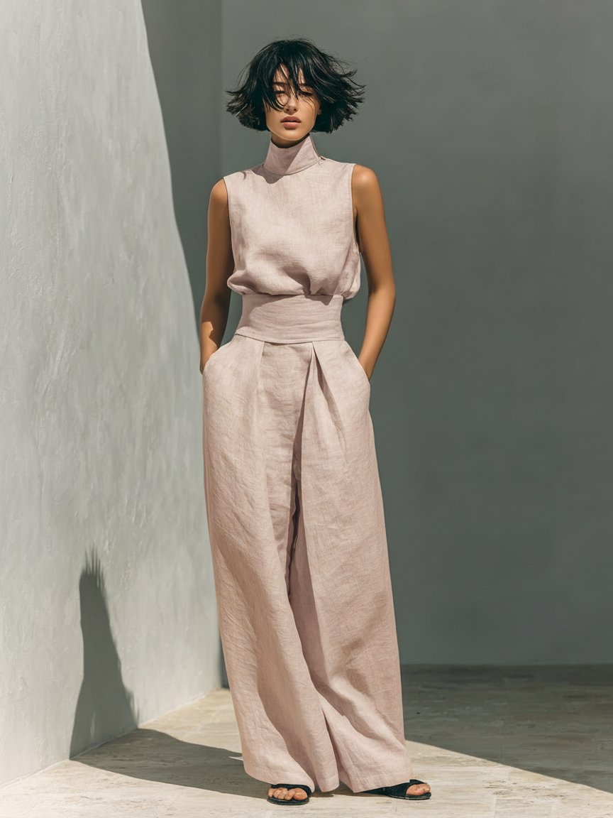 Wide Leg High-Neck Sleeveless Linen Set for Women
