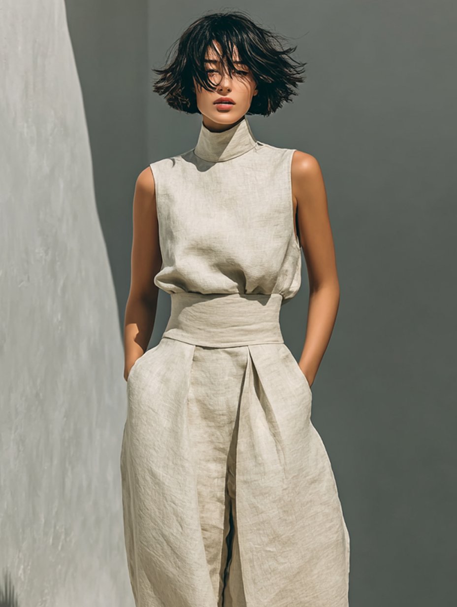 Wide Leg High-Neck Sleeveless Linen Set for Women