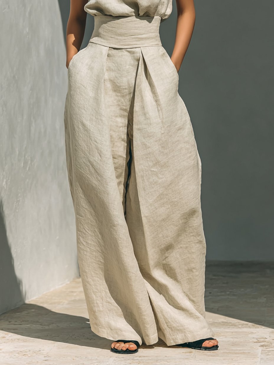 Wide Leg High-Neck Sleeveless Linen Set for Women