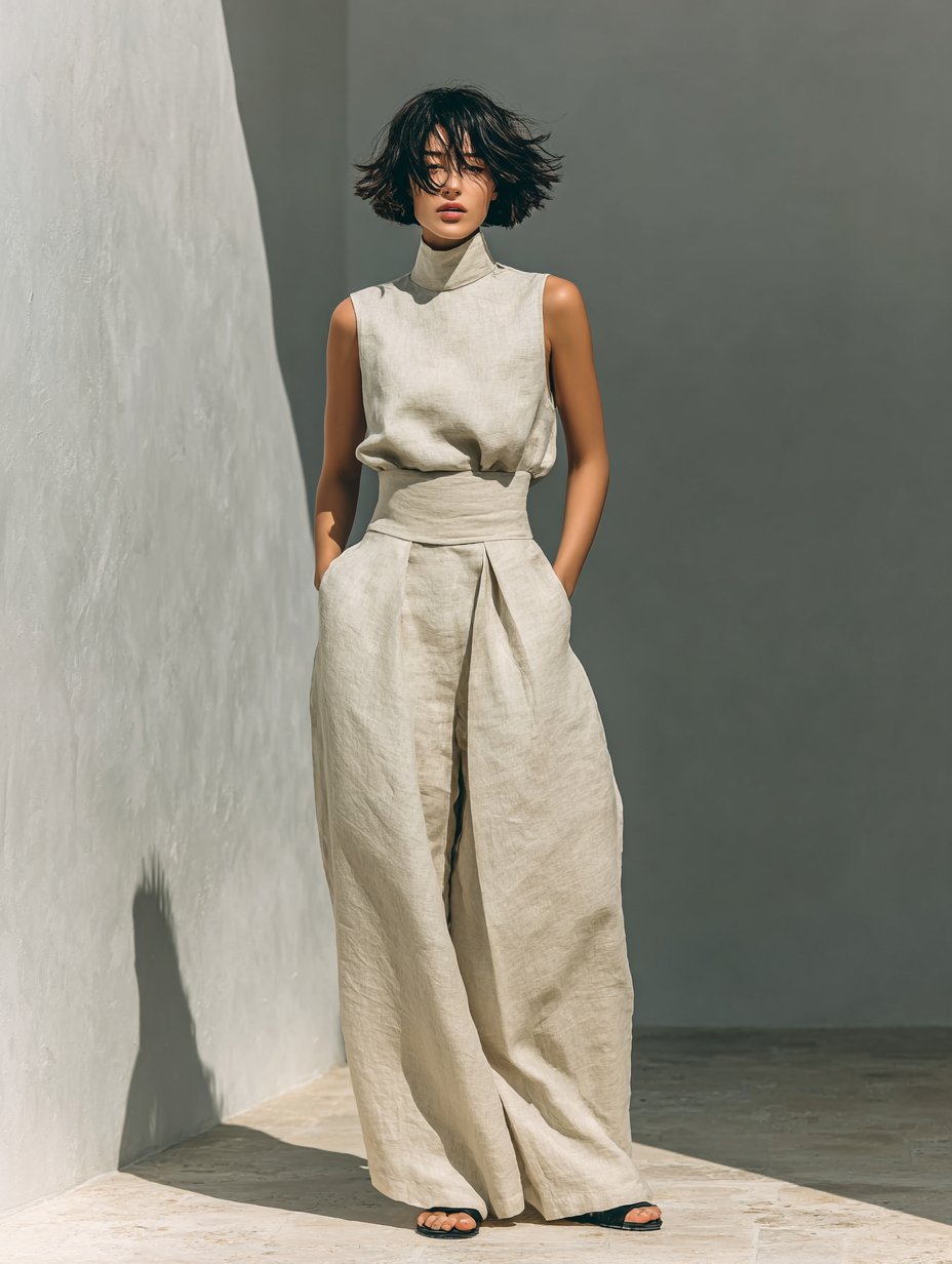 Wide Leg High-Neck Sleeveless Linen Set for Women