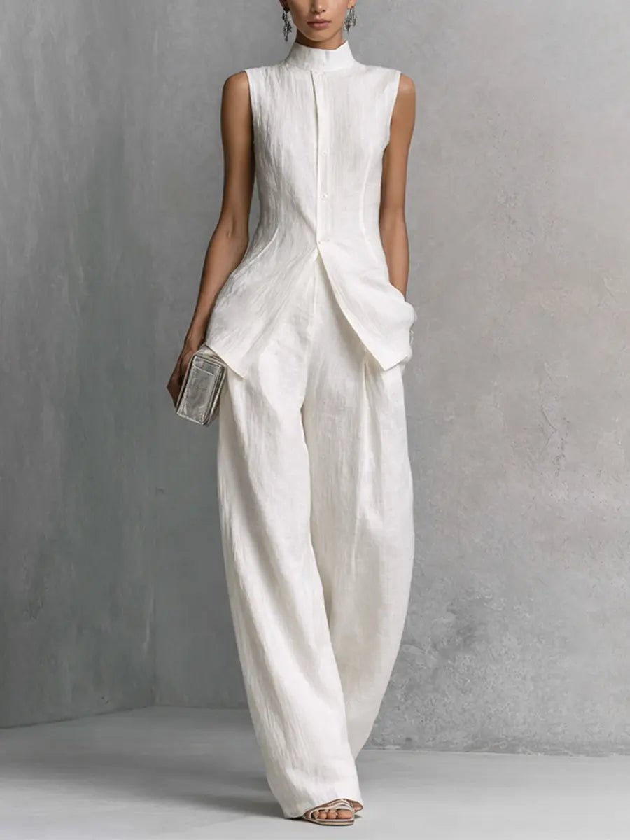 Cotton-Linen Stand Collar Wide Leg Trouser Set for Women