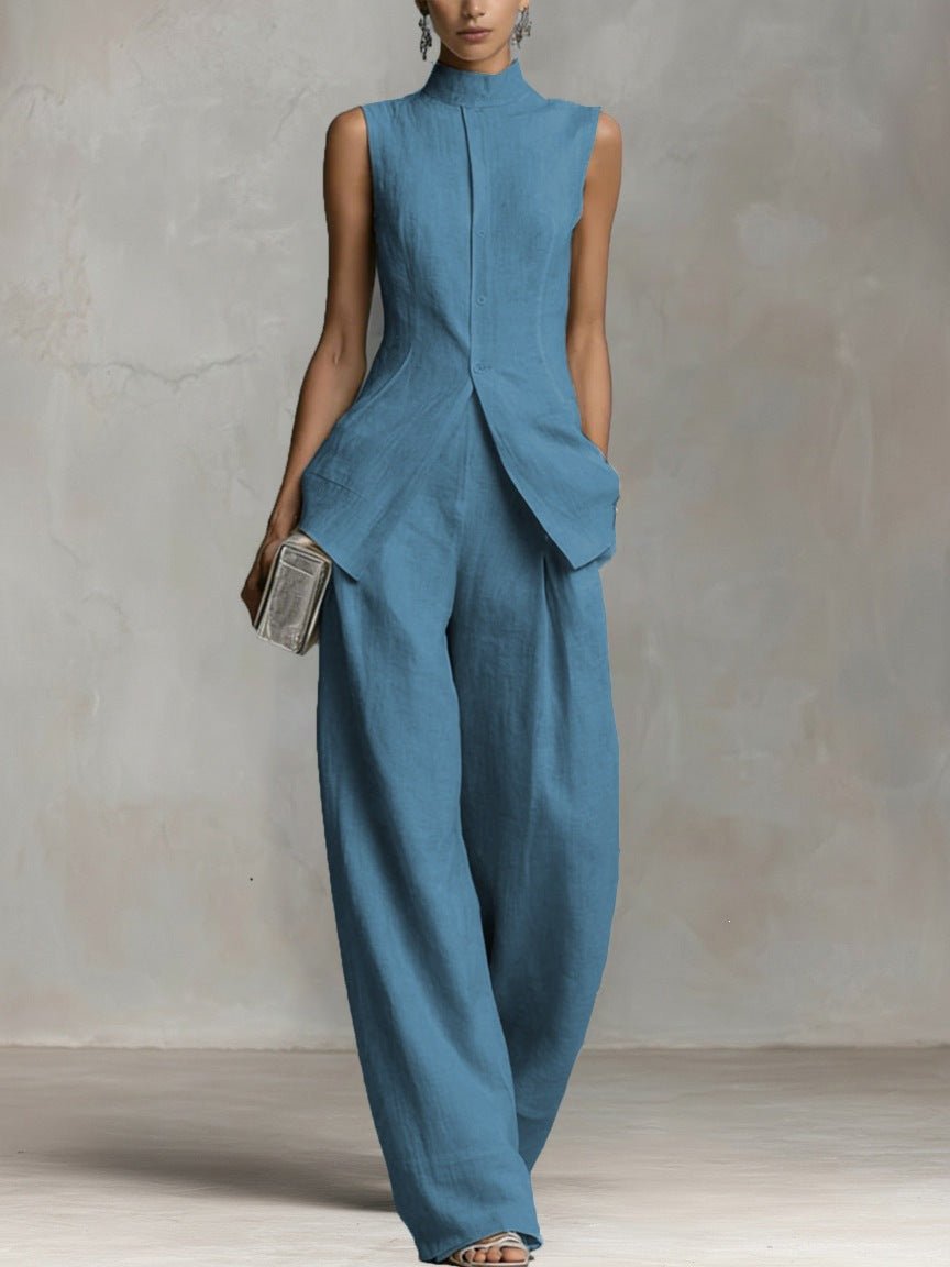 Cotton-Linen Stand Collar Wide Leg Trouser Set for Women
