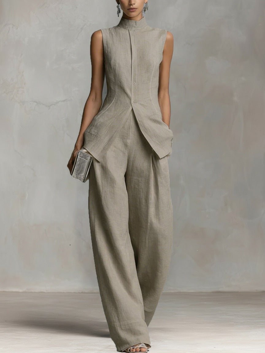 Cotton-Linen Stand Collar Wide Leg Trouser Set for Women